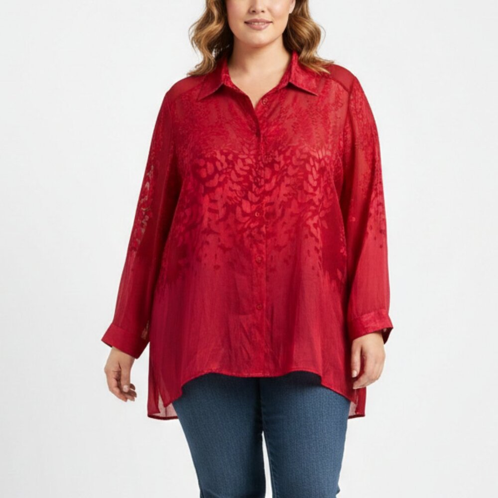 ECI New York Red Cranberry Leaf Print Artsy Long Sleeve Button Down 2X
